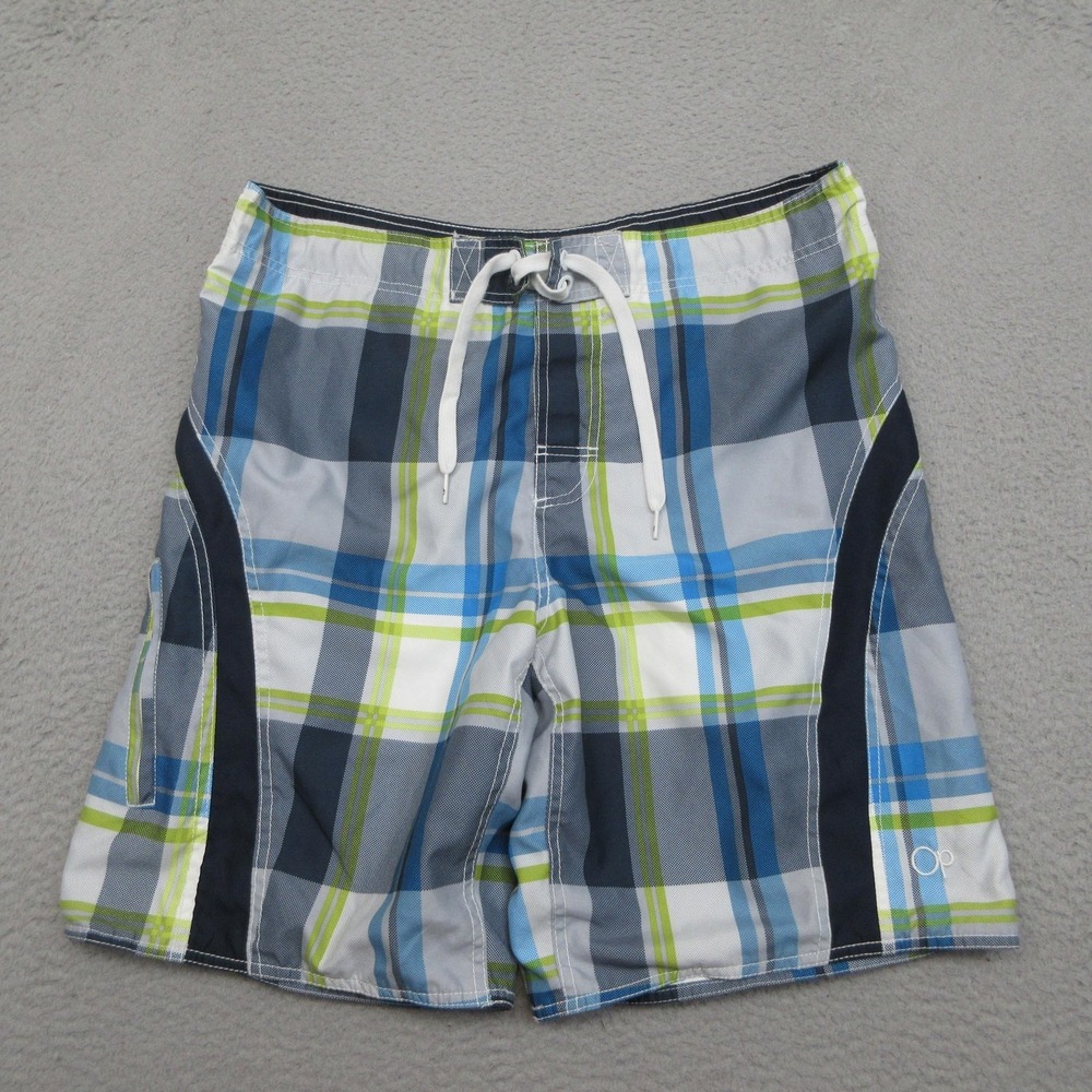 Op Ocean Pacific Swim Trunks Mens M Blue Plaid Board Shorts Mesh Lined Beach